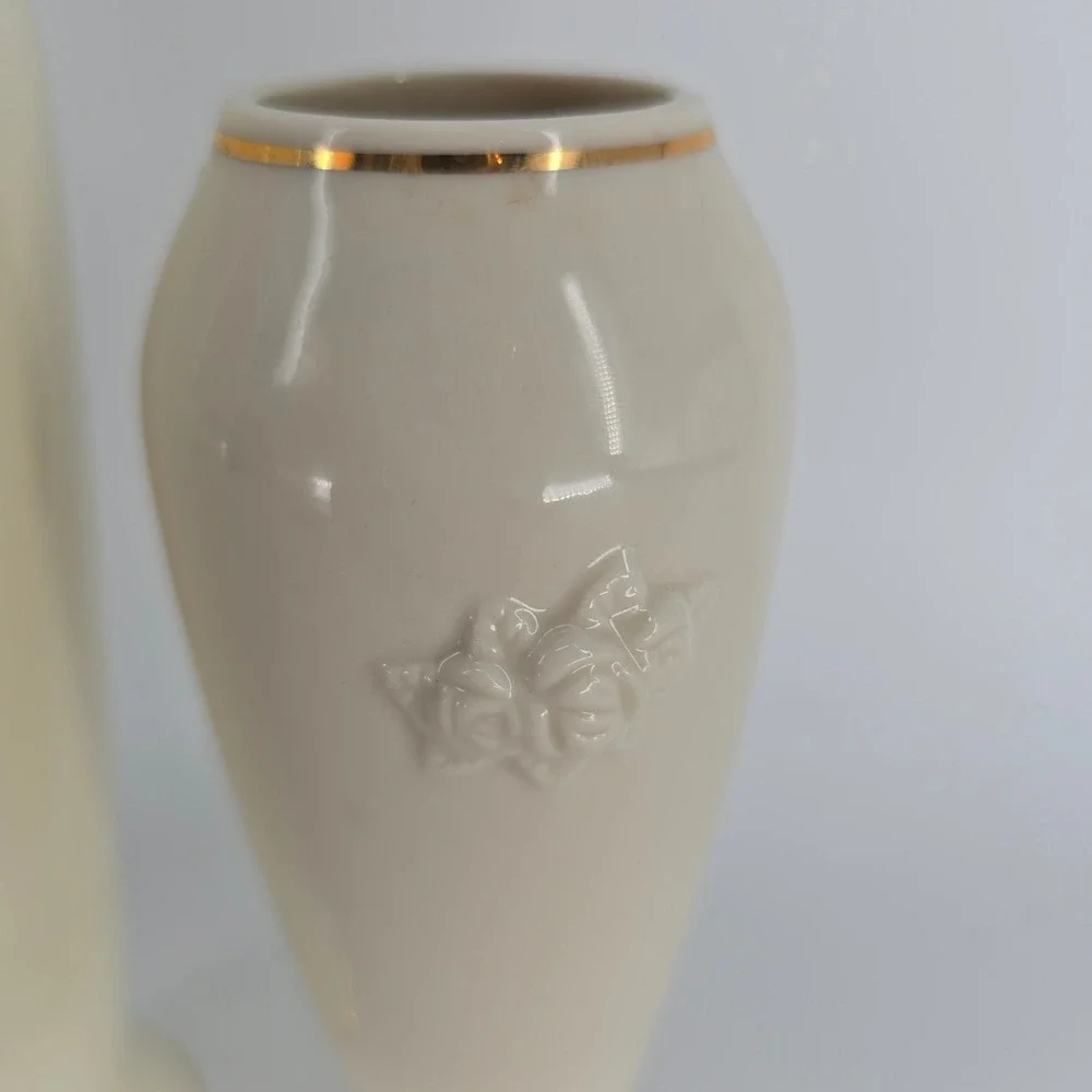 Vintage Lenox Ivory Rose Vases Pair Gold Trim French Country Decor